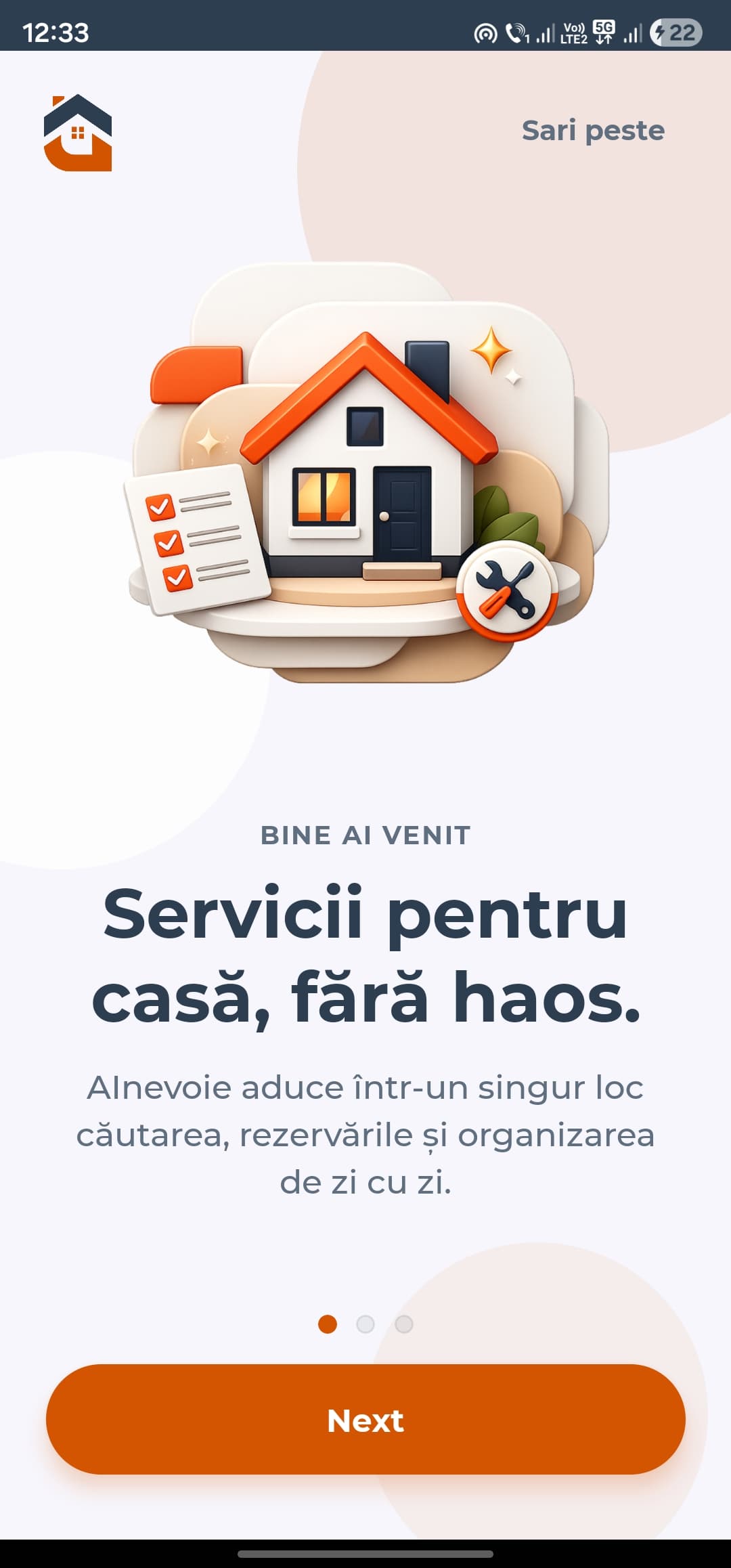 Ecran de onboarding AInevoie pentru utilizatori
