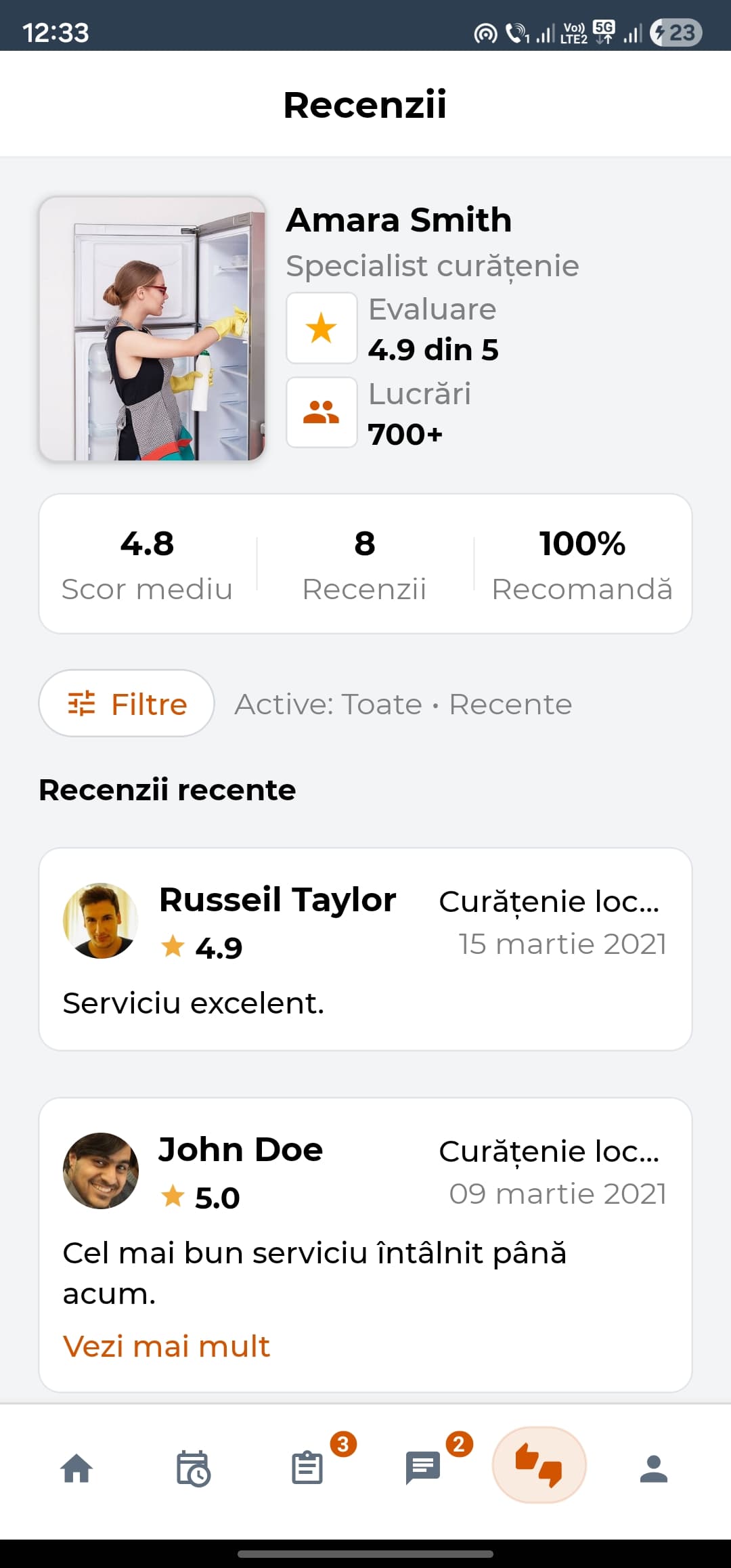 Ecran cu recenzii pentru prestator